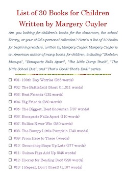Preview of List of 30 Books for Children written by Margery Cuyler w/Word Count