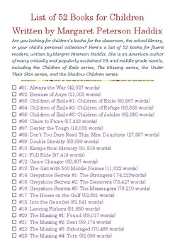 Preview of List of 52 Books for Children written by Margaret Peterson Haddix w/Word Count