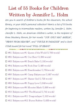 Preview of List of 55 Books for Children written by Jennifer L. Holm w/Word Count