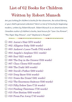 Preview of List of 62 Books for Children written by Robert Munsch w/Word Count