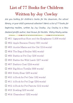Preview of List of 77 Books for Children written by Joy Cowley w/Word Count