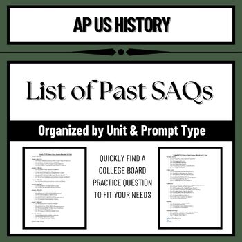 Preview of List of APUSH SAQs by Unit and Type