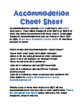 Preview of List of Accommodations to Use in the Classroom- Special Education, IEP