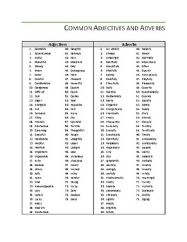 Preview of List of Adjectives and Adverbs