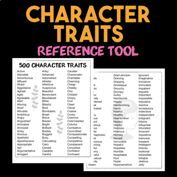 Preview of List of Character Traits — 500 Words Characterization; Reference & Support Tool