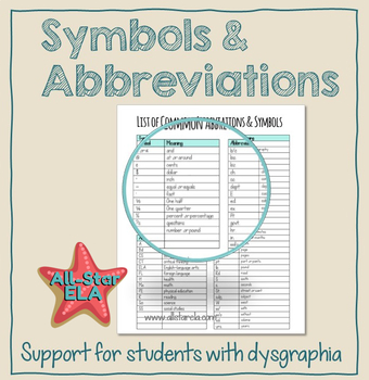 Preview of List of Common Symbols and Abbreviations - Dysgraphia Accommodation