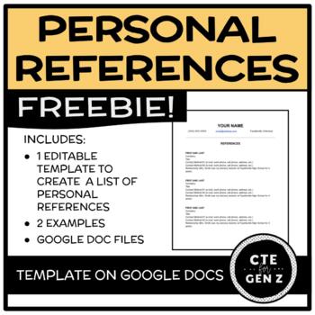 Preview of List of Personal References Template *FREEBIE* - Google Doc - No Prep!