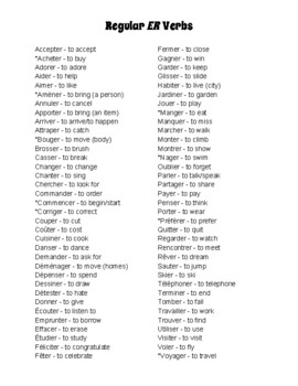 Preview of List of Regular ER Verbs (French)