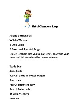 Preview of List of Songs for Use in Classroom