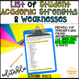 Student Academic Strengths Weaknesses Accommodations IEP S