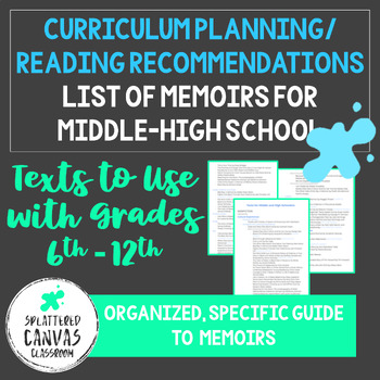 Preview of List of Texts for Middle and High School - Memoirs