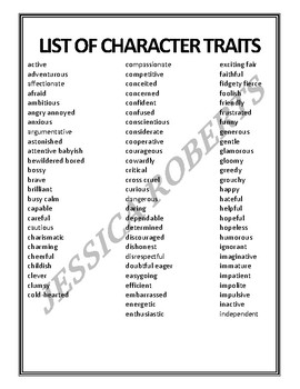 List of character traits _WATERMARK_ by Jessica Roberts Homework Store