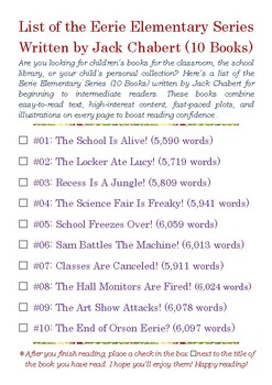 Preview of List of the Eerie Elementary Series written by Jack Chabert w/Word Count