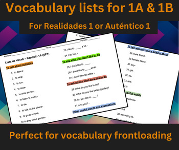 Preview of Lista de vocabulario 1A and 1B (Realidades 1/ Auténtico 1)