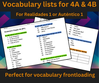 Preview of Lista de vocabulario 4A and 4B (Realidades 1/Auténtico 1)
