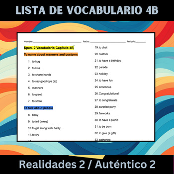 Lista de vocabulario 4B (Realidades 2/ Auténtico 2) by Anything for Salinas