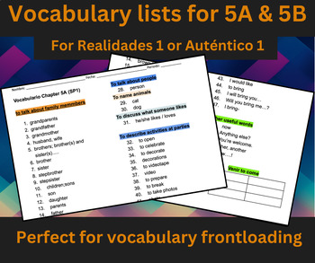 Preview of Lista de vocabulario 5A and 5B (Realidades 1/Auténtico 1)