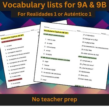 Preview of Lista de vocabulario 9A and 9B (Realidades 1/Auténtico 1)