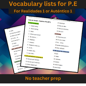 Preview of Lista de vocabulario P.E (Realidades 1/Auténtico 1)