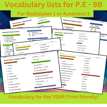 Preview of Lista de vocabulario Chapter P.E-9B YEAR BUNDLE (Realidades 1/Auténtico 1)