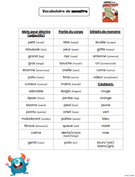 Preview of Liste de vocabulaire  - Les monstres