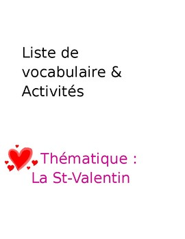 Preview of Liste de vocabulaire et activités - thème de la Saint-Valentin