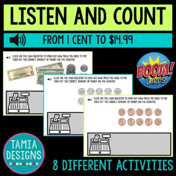 Preview of Listen and count the money Boom card online activities BUNDLE