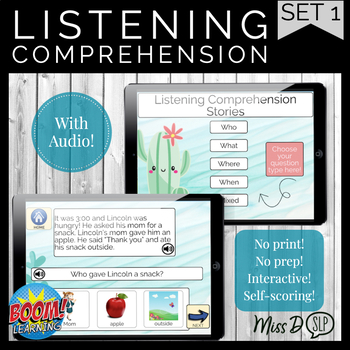 Preview of Listening Comprehension Stories: Wh-Questions BOOM CARDS™ (Set 1)