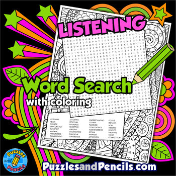 Preview of Listening Word Search Puzzle with Coloring Activity | Social Skills