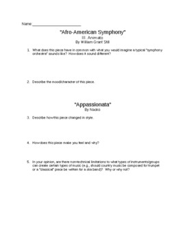 Preview of Listening Worksheet - Afro-American Symphony and Appassionata