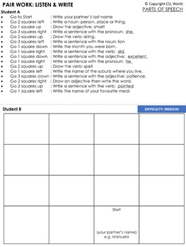 Pair Work Speaking Game Parts of Speech