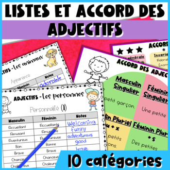 Preview of Listes ADJECTIFS Accord Genre et Nombre Écriture Descriptive Writing Support PDF