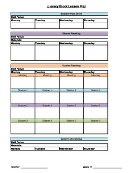 Preview of Literacy Block Lesson Plan Template