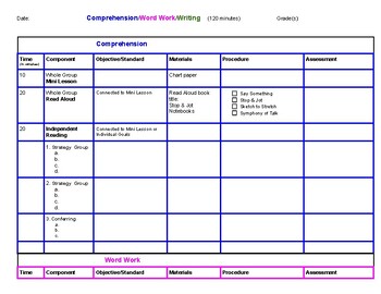 Preview of Literacy Block Planning Form - Tier One with Strategy Groups