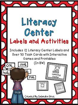 Preview of Literacy Center Labels and Activities-BW