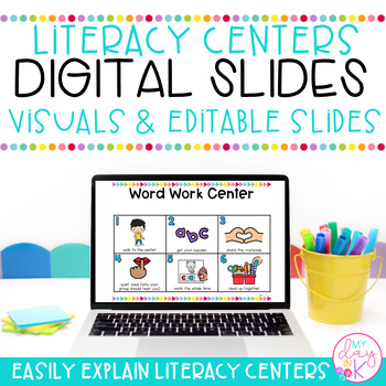 Preview of Literacy Centers Digital Slides and Visuals | Classroom Management | Editable