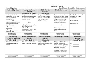 Preview of Literacy Choice Menu