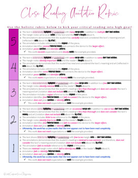 Preview of Literacy: Close Reading L2 Critical Reading & Annotation Rubric (*AP)