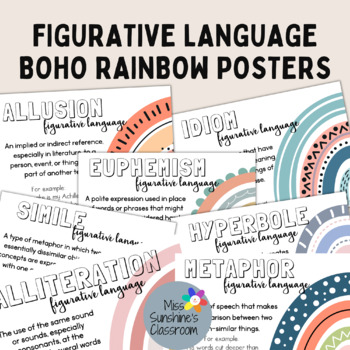 Preview of Literacy Devices Figurative Language Posters English High Middle Boho Rainbow