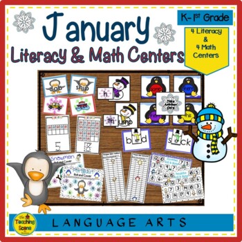 Preview of January Literacy & Math Centers: Penguins & Snowmen Theme