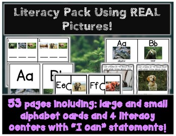 Preview of Literacy Pack with Real Pictures! Alphabet cards and centers!