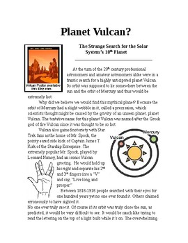 Preview of Vulcan? Science's search for a mythical planet Vulcan. 2 pg literacy w questns