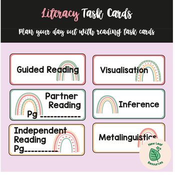Preview of Literacy Task Cards - Organise your reading groups! Boho Rainbow Theme