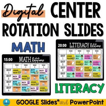 Preview of Literacy and Math Center Rotation Slides with Editable Rotation Chart and Timers