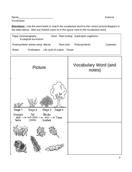 Preview of Middle School Science and Literacy Vocabulary Worksheet - Plants