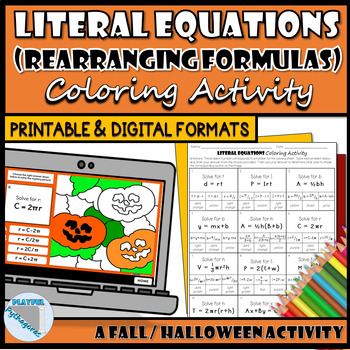 Preview of Literal Equations Fall/Halloween Coloring Activity (Print & Digital)