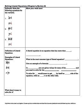 Preview of Literal Equations Guided Cornell Notes