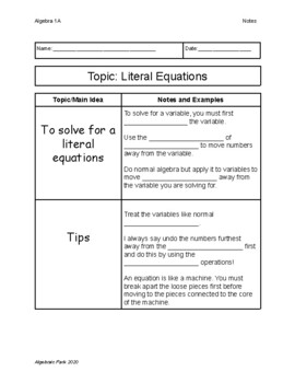 Preview of Literal Equations Guided Notes