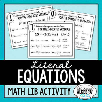 Preview of Literal Equations | Math Lib Activity