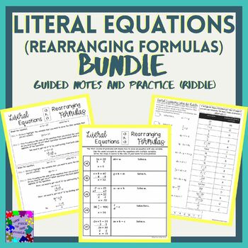 Preview of Literal Equations (Rearranging Formulas) Bundle w/Guided Notes & Practice Puzzle